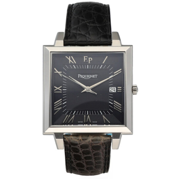 Pequignet-525-Stainless-Steel-37mm-Square-Black-Roman-Leather-Quartz-Mens-Watch-134345774560