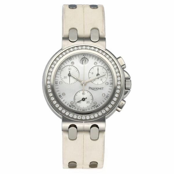 Pequignet 247 Chronograph Diamonds 38mm Rubber Steel MOP Quartz Wristwatch 115220632232