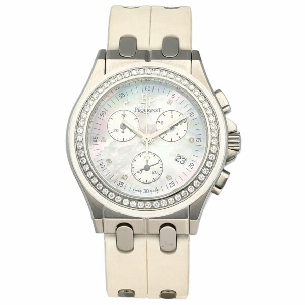 Pequignet 082 Chronograph Diamonds 38mm Rubber Steel MOP Quartz Wristwatch 115221991553