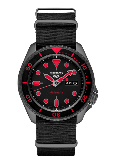 Seiko 5 Sports SRPD83 Black PVD Black Red Accent Nylon Automatic Mens Watch 115230732193