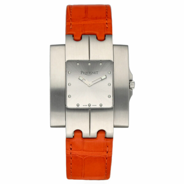 Pequignet 277 Rectangle Silver Dial 33mm Orange Leather Swiss Quartz Mens Watch 134012926624