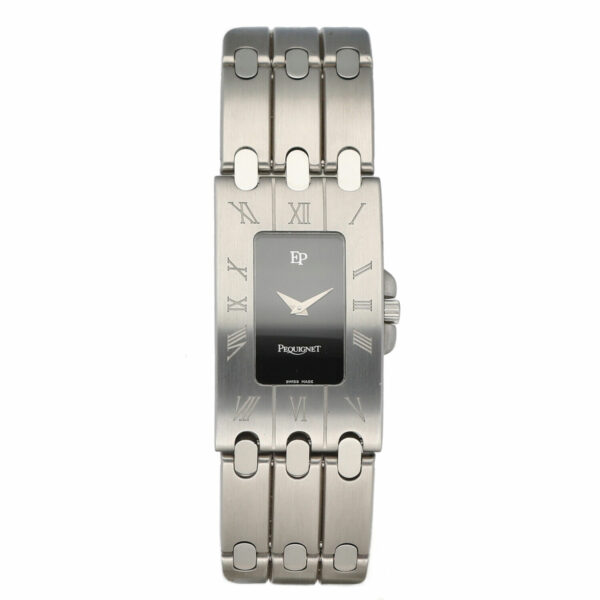 Pequignet-558-Rectangle-Stainless-Steel-21mm-Black-Dial-Swiss-Quartz-Wrist-Watch-115236397414