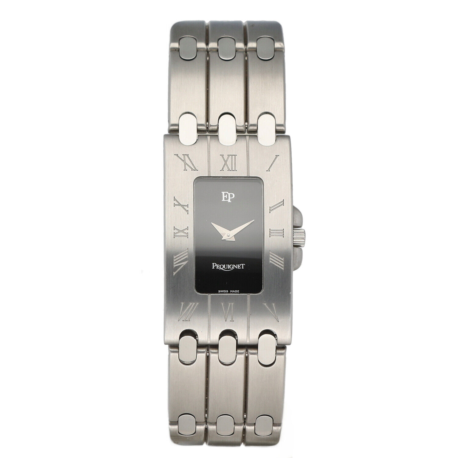 Pequignet-558-Rectangle-Stainless-Steel-21mm-Black-Dial-Swiss-Quartz-Wrist-Watch-115236397414
