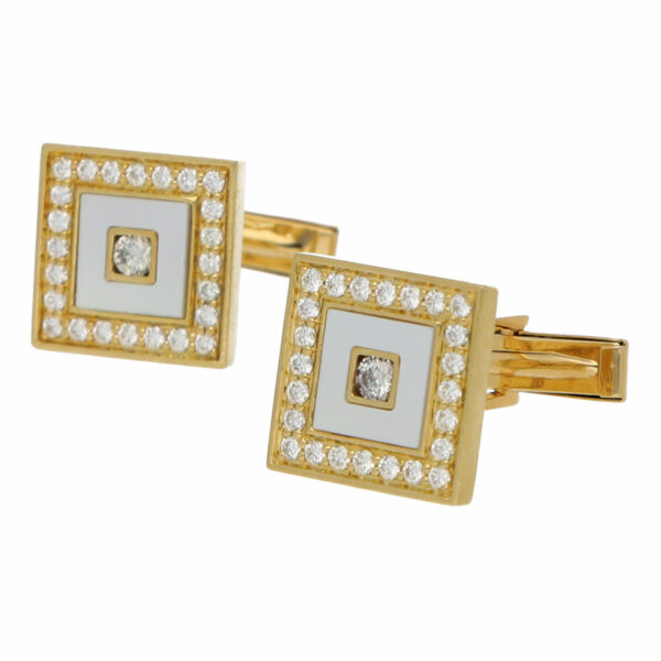 14k 585 Yellow Gold Square Mother of Pearl Diamond Mens Cufflinks 133914328565