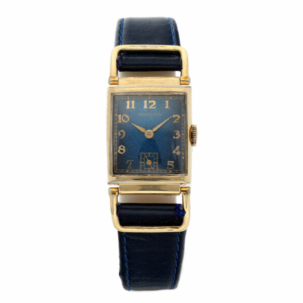 Hamilton 14k Gold Plated Rectangle Blue Arabic Dial Manual Wind Wrist Watch 124841839706