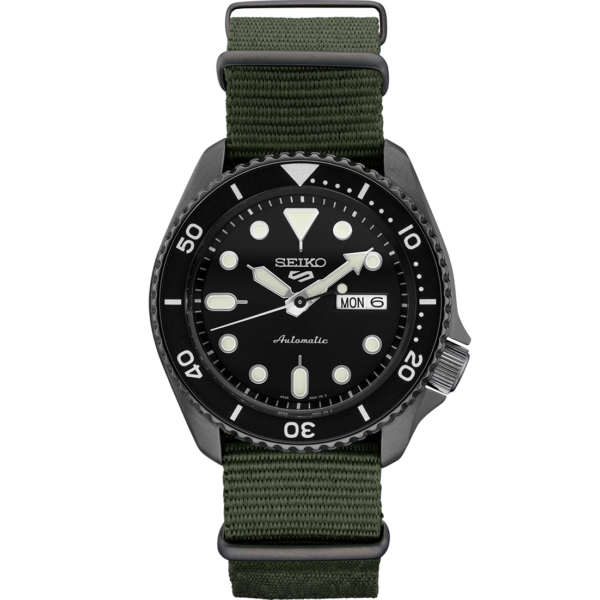 Seiko-5-Sports-SRPD91-425mm-Black-PVD-Steel-Green-Nylon-Automatic-Mens-Watch-134355264296