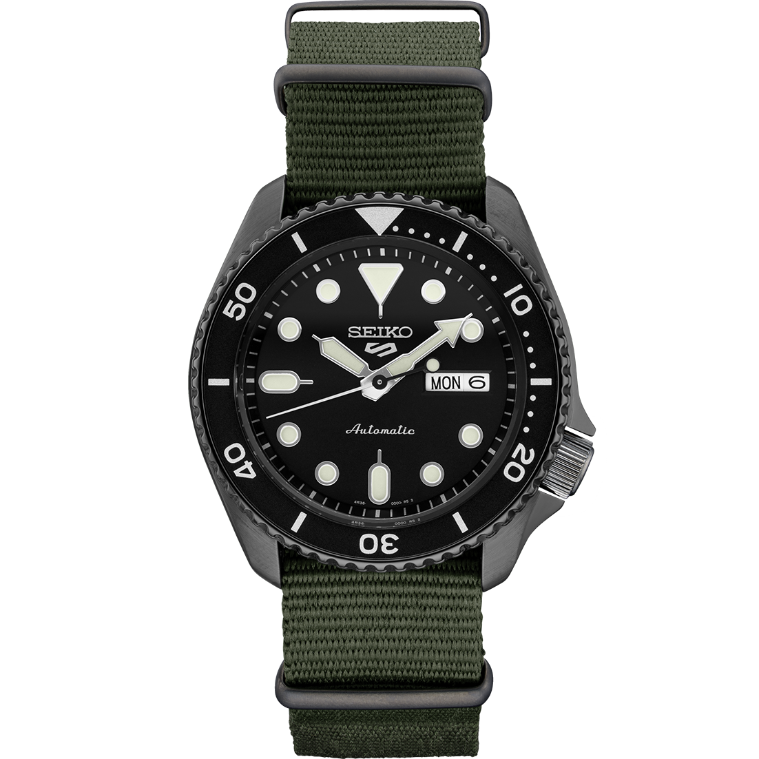 Seiko-5-Sports-SRPD91-425mm-Black-PVD-Steel-Green-Nylon-Automatic-Mens-Watch-134355264296