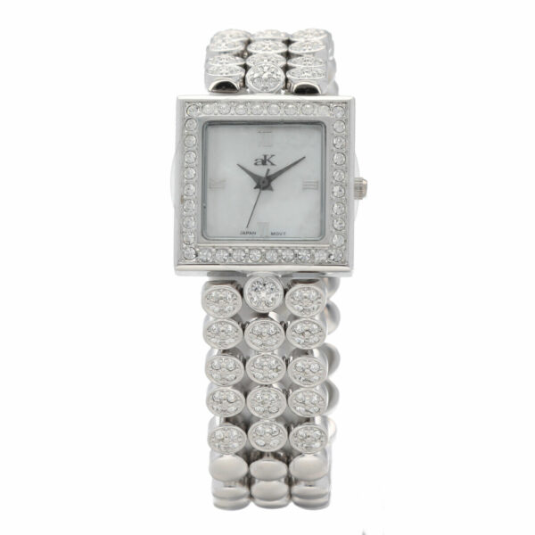 Adee Kaye Mother of Pearl Dial Crystals Accent Steel Square Quartz Womens Watch 133885007888