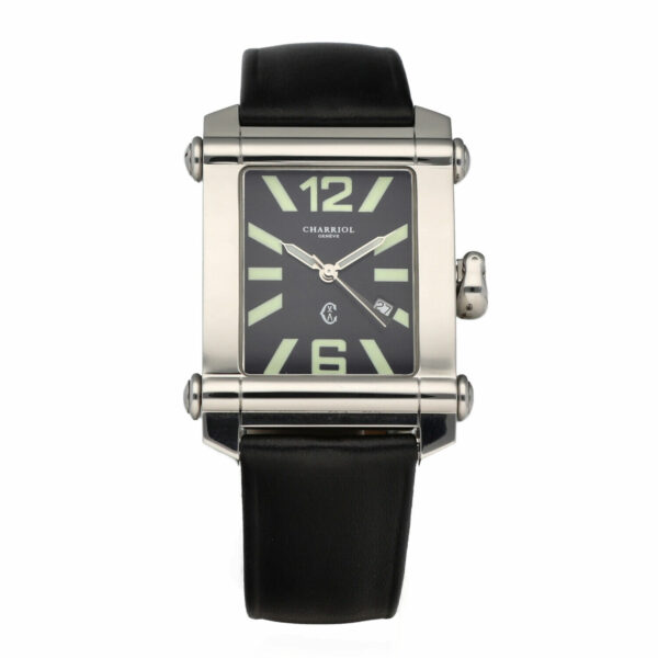 Charriol Colvmbvs CCSTRX9 Rectangle Large Black Leather Quartz Wrist Watch 115136854258