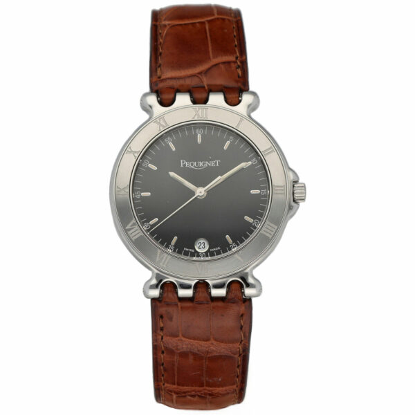 Pequignet 280 Round Black Dial 33mm Brown Leather Swiss Quartz Wrist Watch 134010968868
